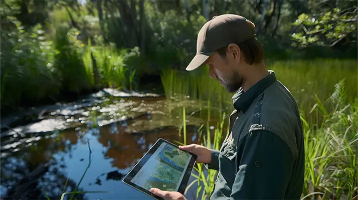 Wetlands specialist reviewing environmental site maps near marshland